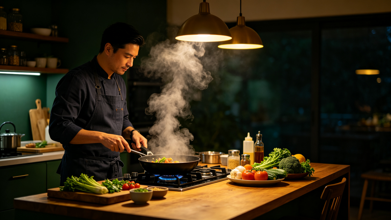 厨师在家庭厨房灶台前烹饪